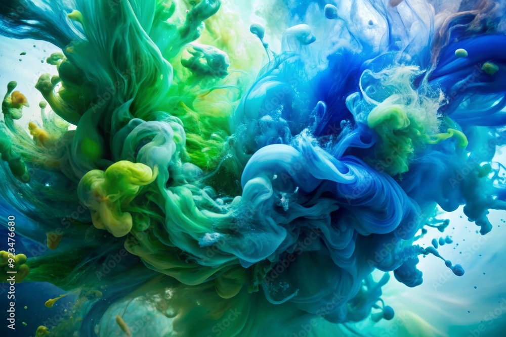 Poster vibrant blue and green watercolor splashes swirl together in a mesmerizing abstract background, crea