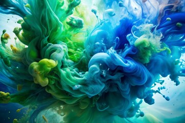 Obraz premium Vibrant blue and green watercolor splashes swirl together in a mesmerizing abstract background, creating a dynamic and energetic visual experience with subtle texture.