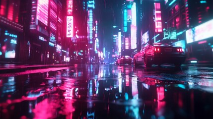 Obraz premium Cyberpunk Cityscape with Neon Lights and Rain