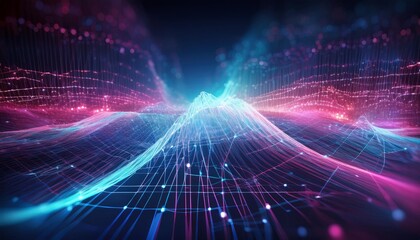 Abstract digital network with glowing nodes and lines in blue and pink hues, representing connectivity and data flow.