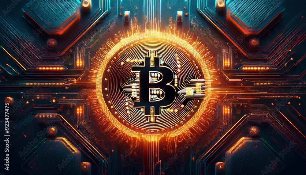 Sticker bitcoin symbol glowing on a circuit board.