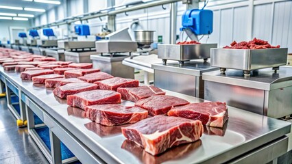 Freshly cut raw beef steaks on a stainless steel counter, surrounded by butchering knives and weighing scales, in a modern meat processing facility.