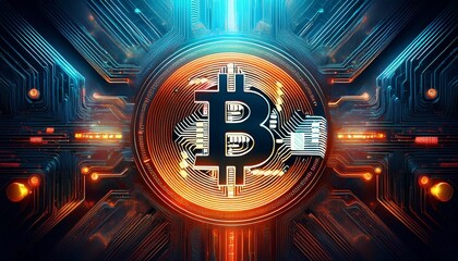 Bitcoin symbol glowing on a circuit board.