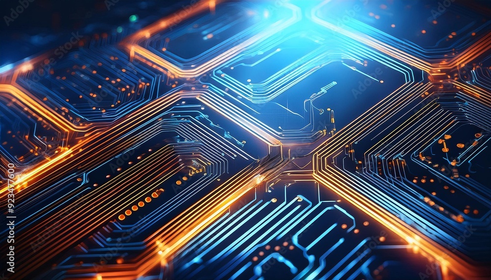 Wall mural close-up view of a modern circuit board with glowing lines, representing advanced technology and inn