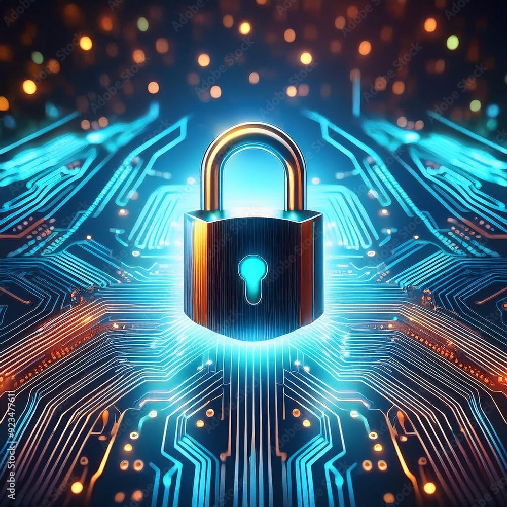 Canvas Prints cybersecurity concept with a glowing padlock on a circuit board.