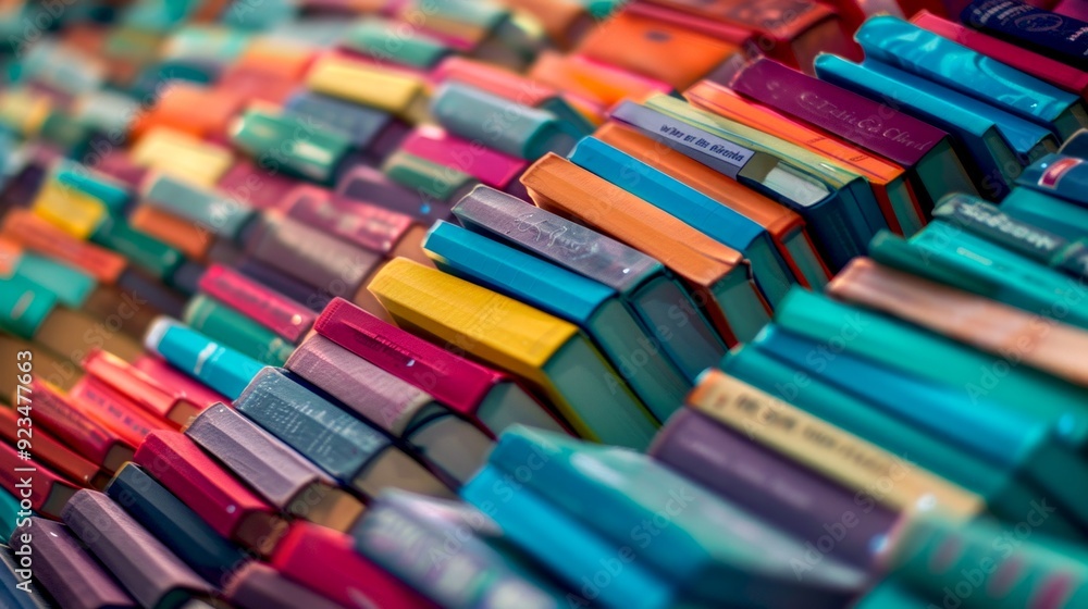Poster a vibrant collection of stacked books in various colors and sizes. this image captures the essence o