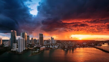 Fototapeta premium Dramatic cityscape showcasing a stunning contrast between stormy clouds and vibrant sunset, symbolizing nature's beauty and power.