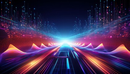 Vibrant digital landscape showcasing a flow of luminous data and technological elements, perfect for futuristic themes.