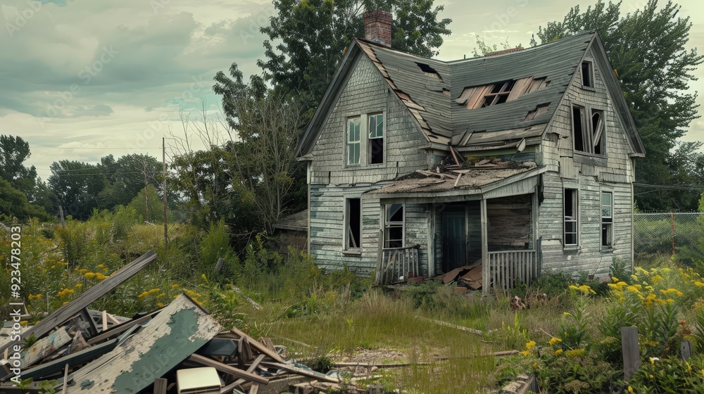 Poster capture the desolate feel of a broken house with a partially collapsed roof and shattered windows
