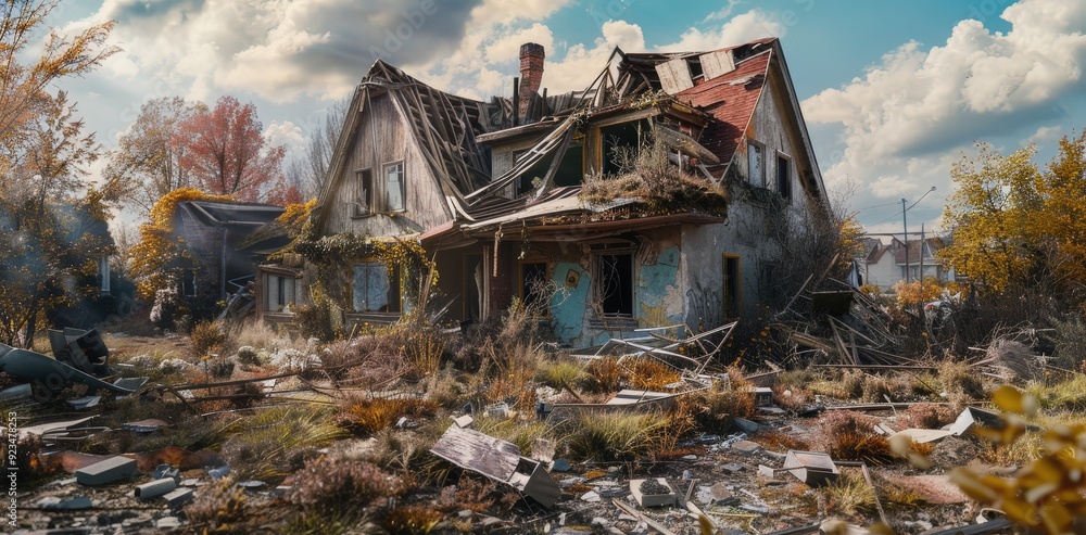 Poster capture the desolate feel of a broken house with a partially collapsed roof and shattered windows