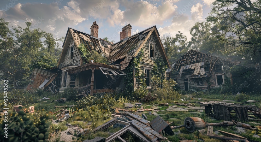 Poster capture the desolate feel of a broken house with a partially collapsed roof and shattered windows