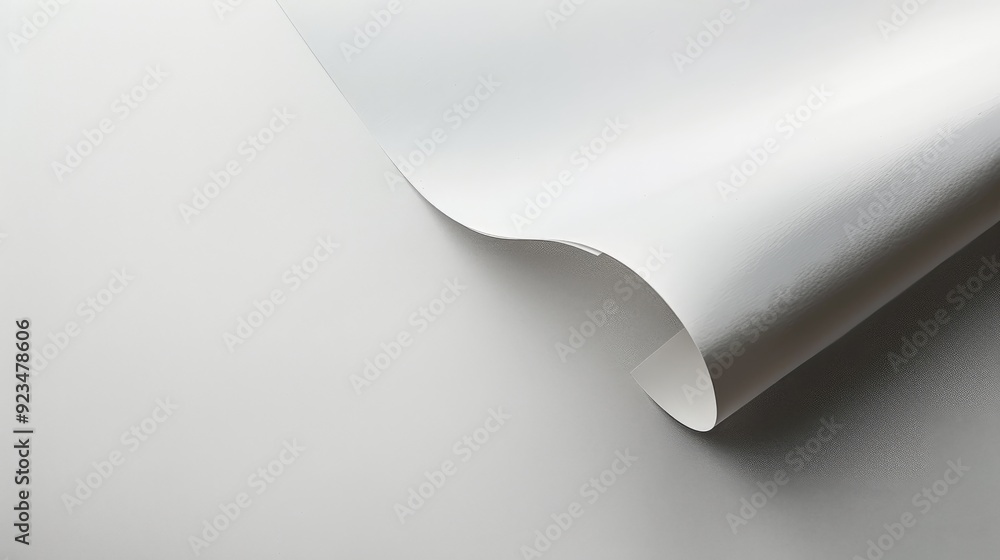 Poster A curved sheet of white paper delicately positioned on a clean and pristine surface background, evoking simplicity and focus on minimalistic design.