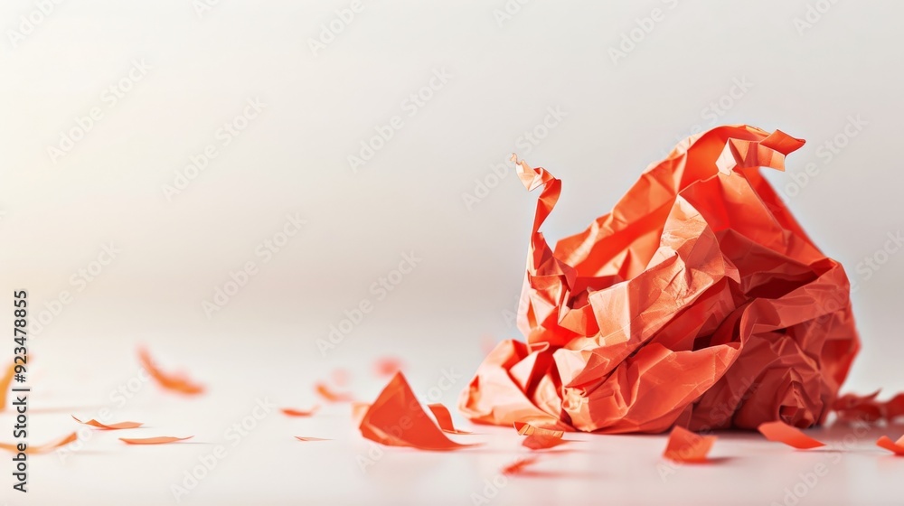 Poster a piece of crumpled red paper placed on a neutral background, highlighting the contrast and texture,