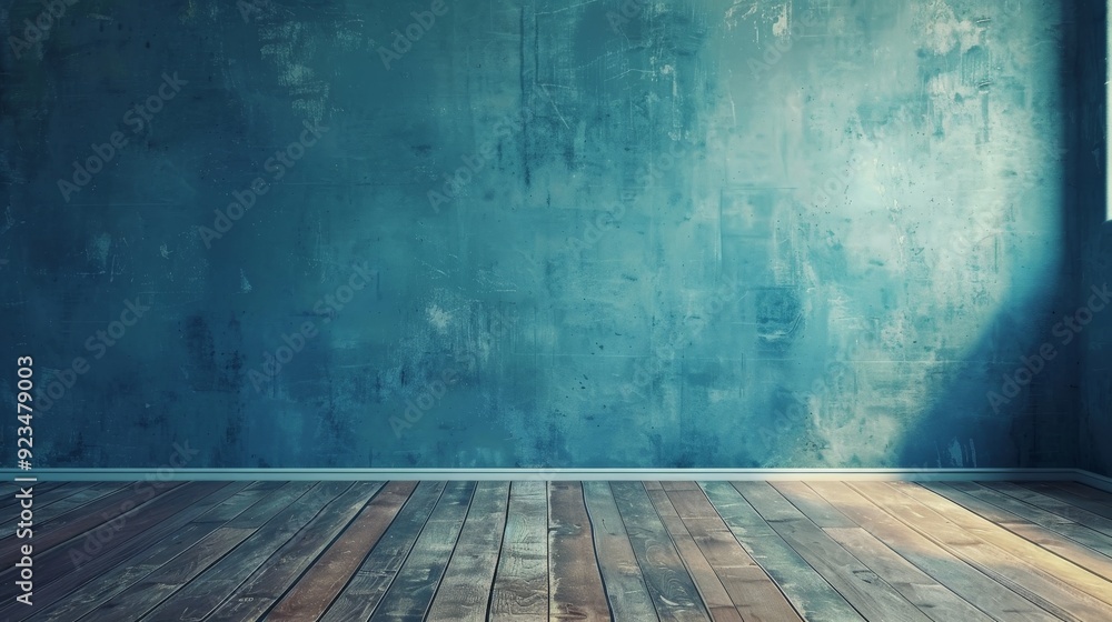 Poster An empty, aged blue room with a grungy feel, featuring a wooden floor and a light shining from the top right corner. The lighting creates an interesting play of shadows in the space.