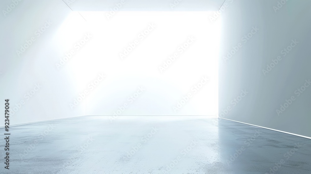 Poster Bright empty room featuring large amounts of natural light with white walls and floors, creating a serene, pure, and minimalist space ideal for various purposes.