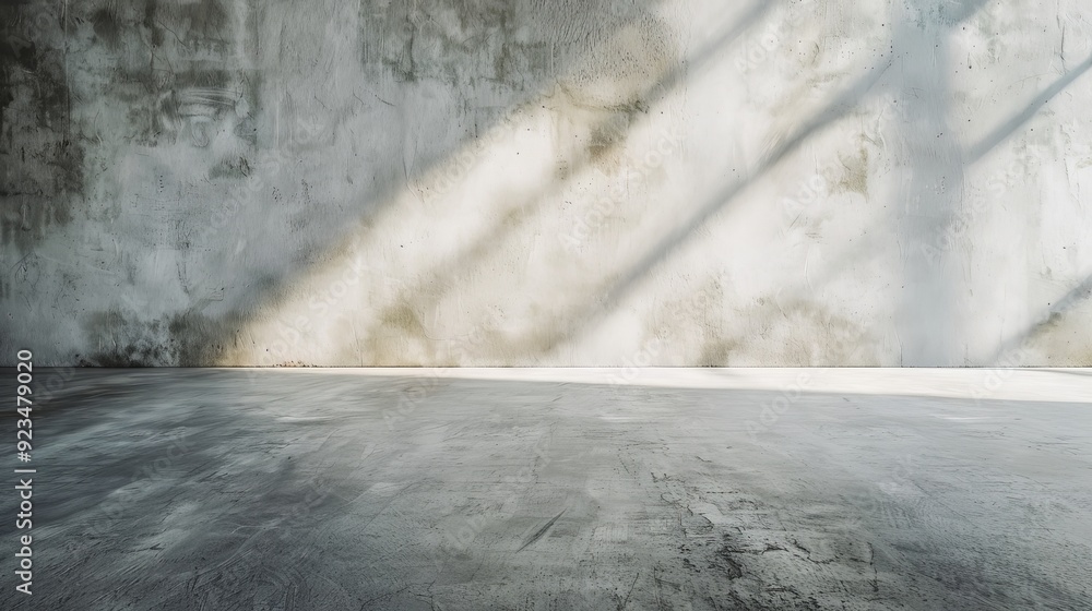 Poster This image depicts an empty industrial space featuring a concrete wall and floor, with soft shadows cast by light, creating a stark and minimalist atmosphere.