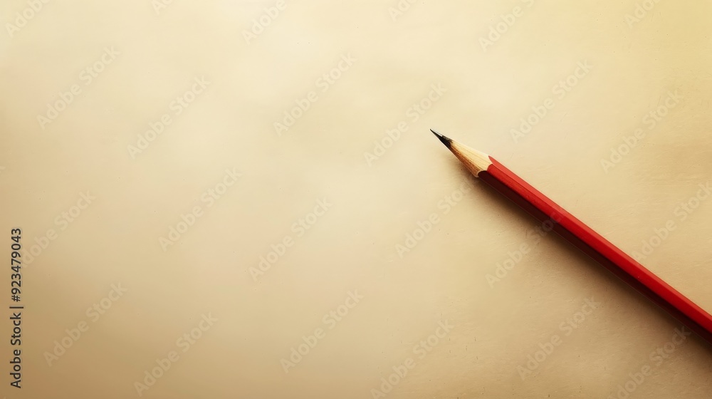 Poster This image depicts a single red pencil, sharpened to a fine point, laying diagonally on a plain and smooth paper sheet, representing simplicity and creativity.