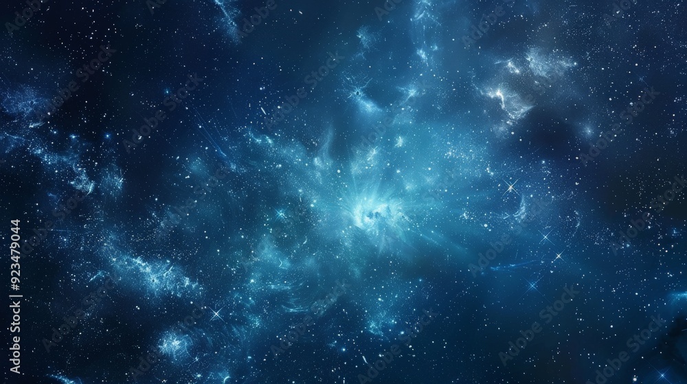 Poster this image features a mesmerizing blue light nebula in the vast outer space, with stars scattered th
