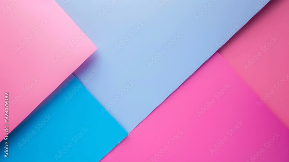 Poster This image displays an abstract composition of pink, blue, and purple paper sheets arranged in geometric shapes on a textured background, creating a modern and colorful design.