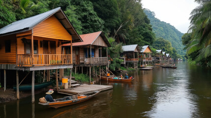 Obraz premium Riverside view of wooden stilt houses with boats along a calm river, surrounded by lush greenery and hills.
