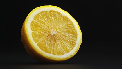 Brightly sliced lemon half on a dark background showcasing its juicy texture and color