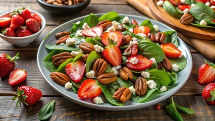 Fresh strawberry slices and baby spinach leaves combine with crumbled feta cheese and toasted pecans in a delicious and healthy summer salad arrangement.