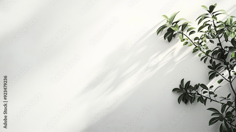 Poster A plant branch with green leaves casts subtle shadows on a minimalist white wall, illuminated by soft light, creating a serene and tranquil visual composition.