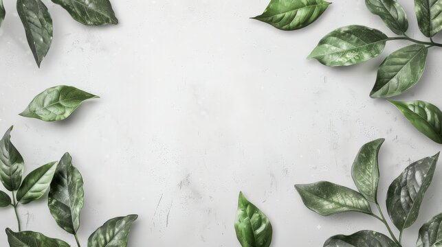 A collection of various green leaves decoratively arranged on the edges of a pale background, creating a natural and elegant framing effect for the image.
