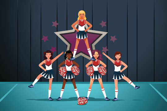 Girls in Formation During Cheerleading Competition Vector Illustration