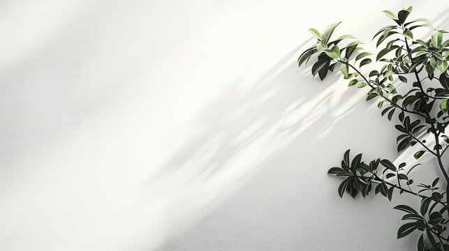 A plant branch with green leaves casts subtle shadows on a minimalist white wall, illuminated by soft light, creating a serene and tranquil visual composition.
