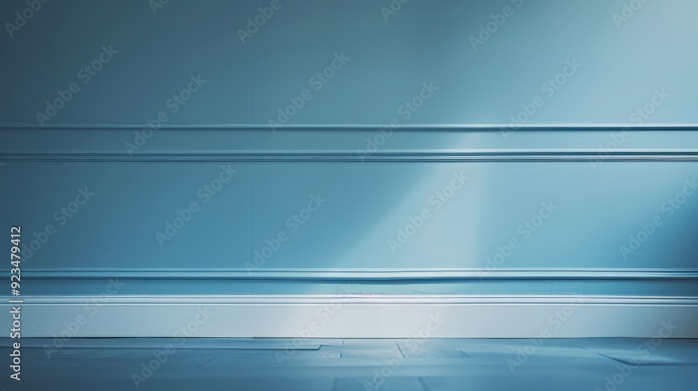 Fototapete An elegant blue wall warmly illuminated by gentle sunlight, casting soft shadow patterns, creating a visually calming and serene atmosphere with its minimalist charm.