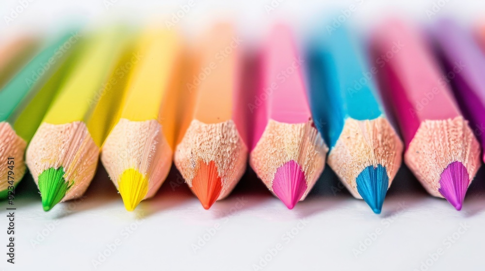 Poster A vibrant image featuring a row of sharpened colored pencils, each displaying a different color, lined up horizontally and ready to bring creativity and art to life.