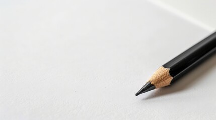 This image captures a close-up view of a single black pencil, sharply pointed, placed on a blank sheet of white paper for drawing or writing purposes.