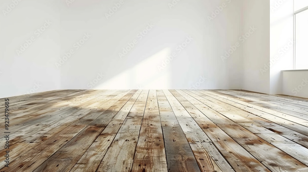 Poster an empty, sunlit room with expansive wooden floors, showcasing natural lighting through large window