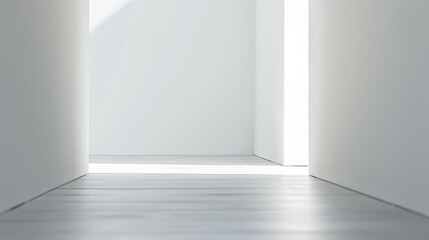 Obraz premium A pristine minimalist white corridor with natural light streaming through, highlighting simplicity, modern design, and a clean, serene environment.