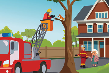 Fire Department Helping Grandma Rescue Her Cat From Tree Vector Illustration