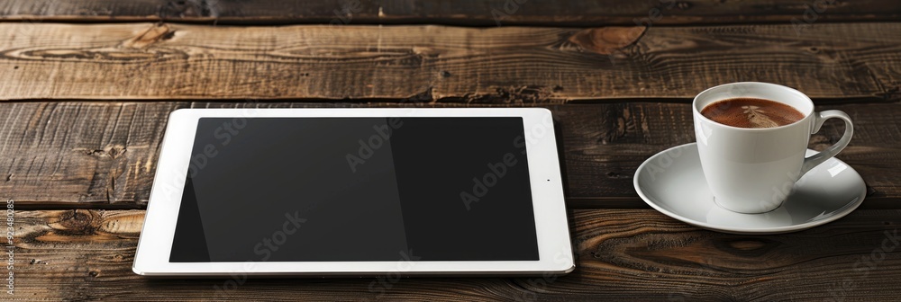 Poster digital tablet placed on a wooden surface featuring a clipping path for display.