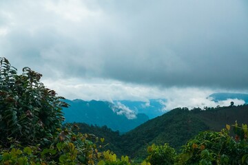 The sky is cloudy and the mountains are covered in trees