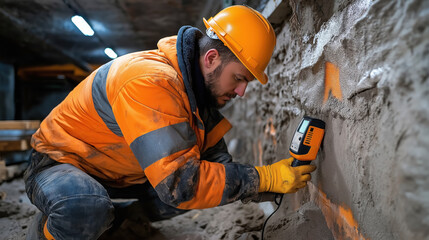 Construction worker in orange safety gear and hard hat using a handheld device on a wall in an underground tunnel.