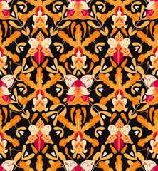 Tropical orchid flowers seamless pattern vector. Vintage Exotic Traditional symmetrical hand drawn flower design for wallpaper, textile, fabric, wrapping paper, cover, card, poster in boho style