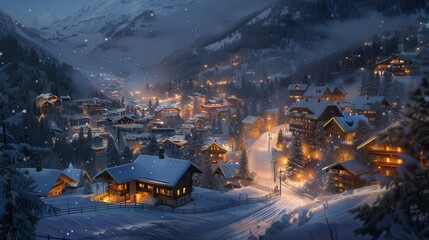 Ski Resort in the French Alps at Night: Winter Wonderland Hotel Street