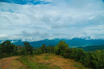 A beautiful mountain range with a cloudy sky in the background
