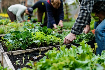 Several gardeners are diligently tending to leafy vegetables planted in well-organized raised beds in a community garden, demonstrating dedication and teamwork in urban agriculture.