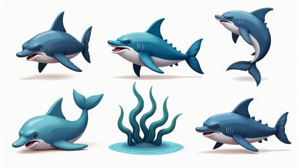 Fototapeta premium Cute Cartoon Dolphins with Seaweed Illustration - Underwater Marine Life Graphic for Kids' Educational Materials and Ocean-Themed Projects