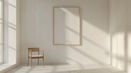 Fototapeta premium Photo Frame Mock Up. Minimalistic White Room Interior with Empty Wooden Frame for Artwork Presentation