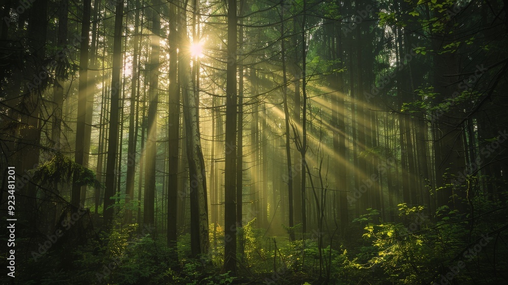 Poster A mesmerizing scene showing sun rays filtering through the dense green forest trees, highlighting the verdant foliage and creating a tranquil, magical atmosphere.
