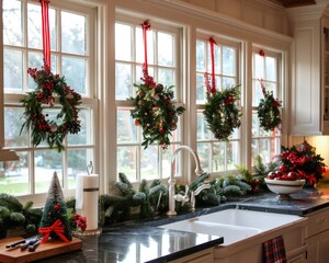 Wreaths Christmas. Festive Window Chaplet Decor in Holiday Kitchen Interior