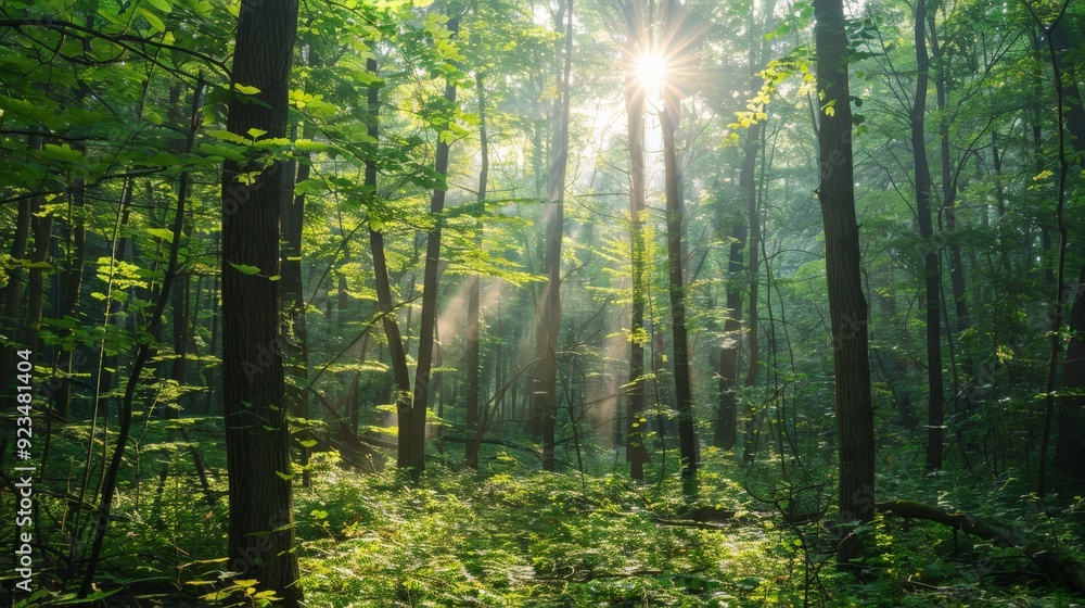 Poster a breathtaking view of sunlight filtering through dense, lush foliage in a serene forest, giving a s