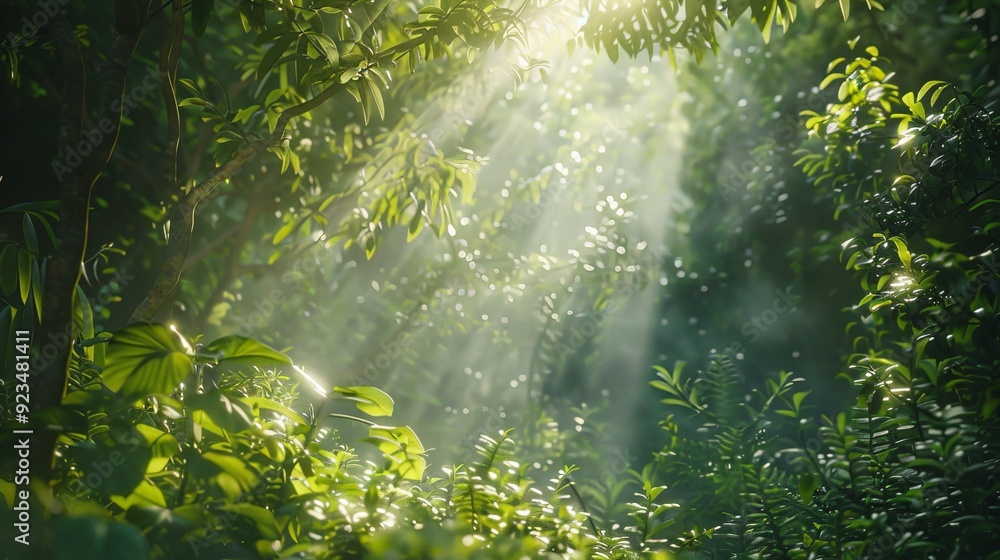 Poster An enchanting image of sunlight piercing through the leaves in a dense forest creating dappled rays, highlighting the vibrant green foliage and casting a magical glow.