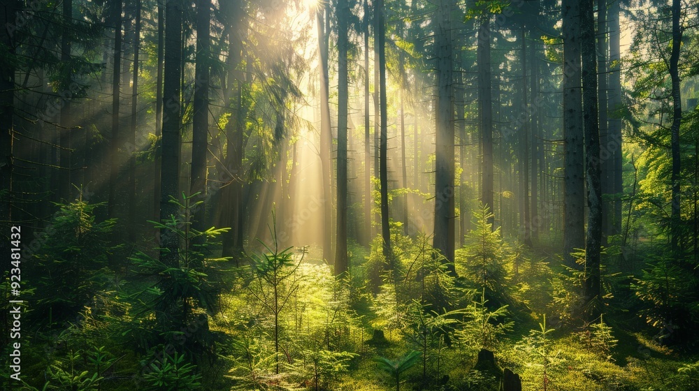 Poster golden sunlight flows through a dense magical forest, casting light upon the verdant undergrowth, cr
